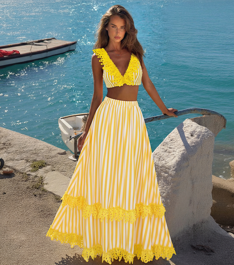 V-neck Yellow Stripes Swimsuit Set(s)