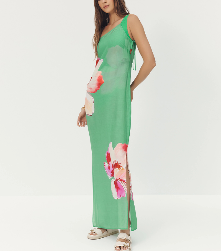 One Shoulder Green & Red Color Blocking Swimsuit Set(s)