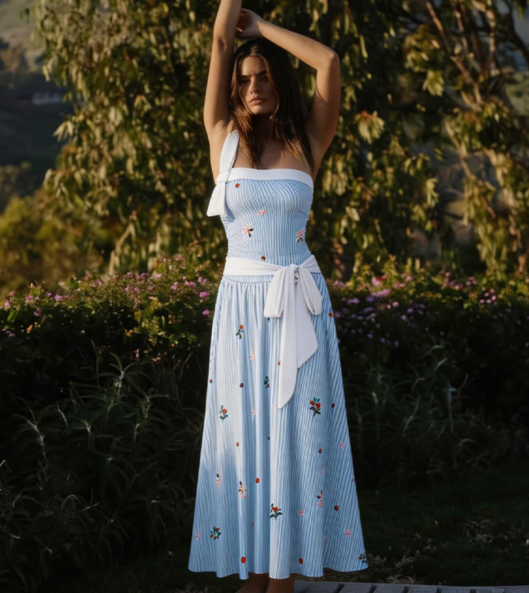 Bow Decoration Blue Stripes Swimsuit Set(s)