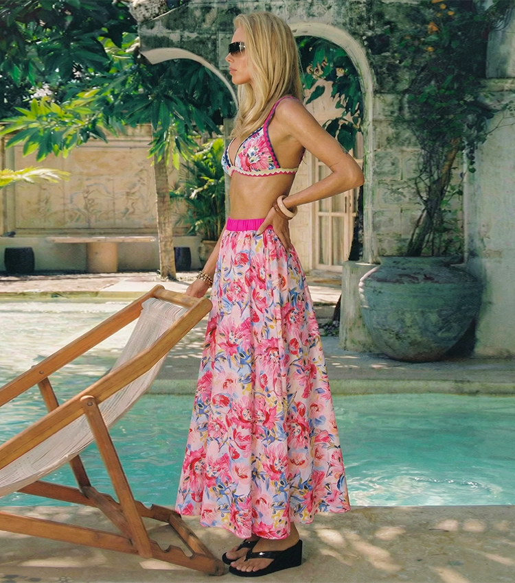 V-neck Pink Iris Print Swimsuit Set(s)