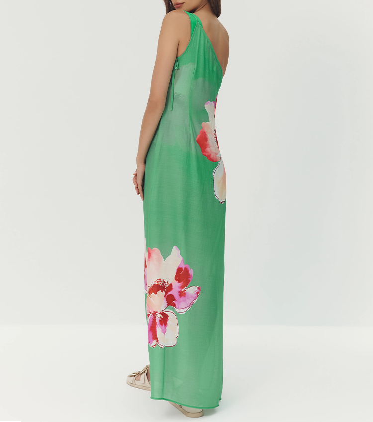 One Shoulder Green & Red Color Blocking Swimsuit Set(s)