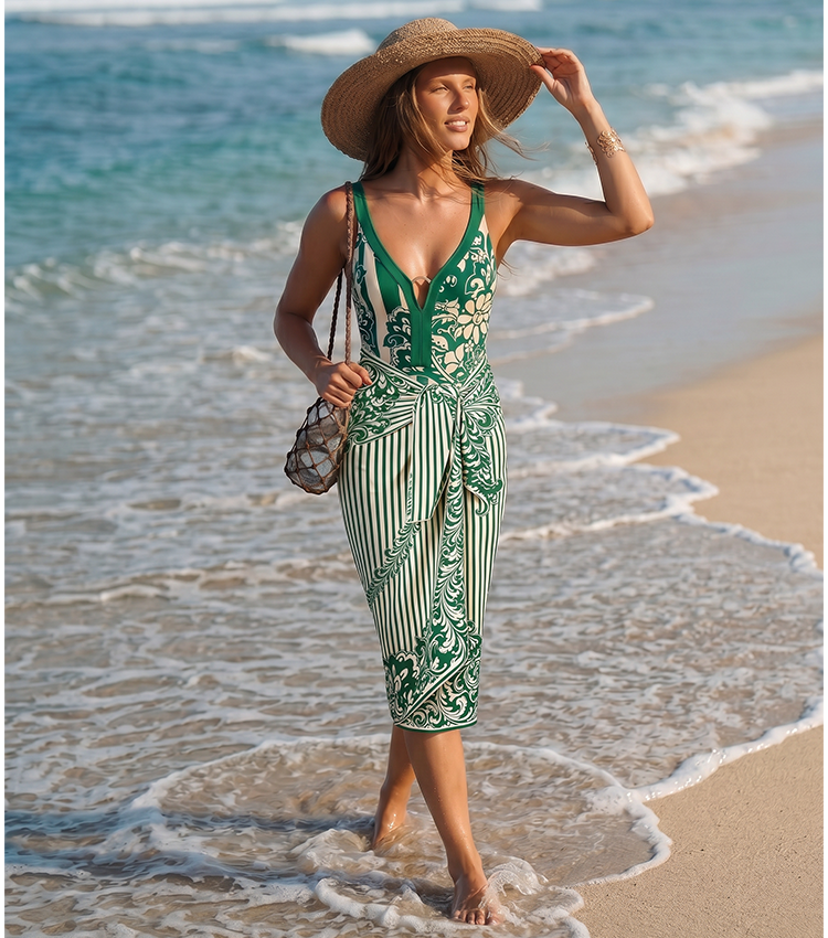 V-neck Green Print Swimsuit set(s)