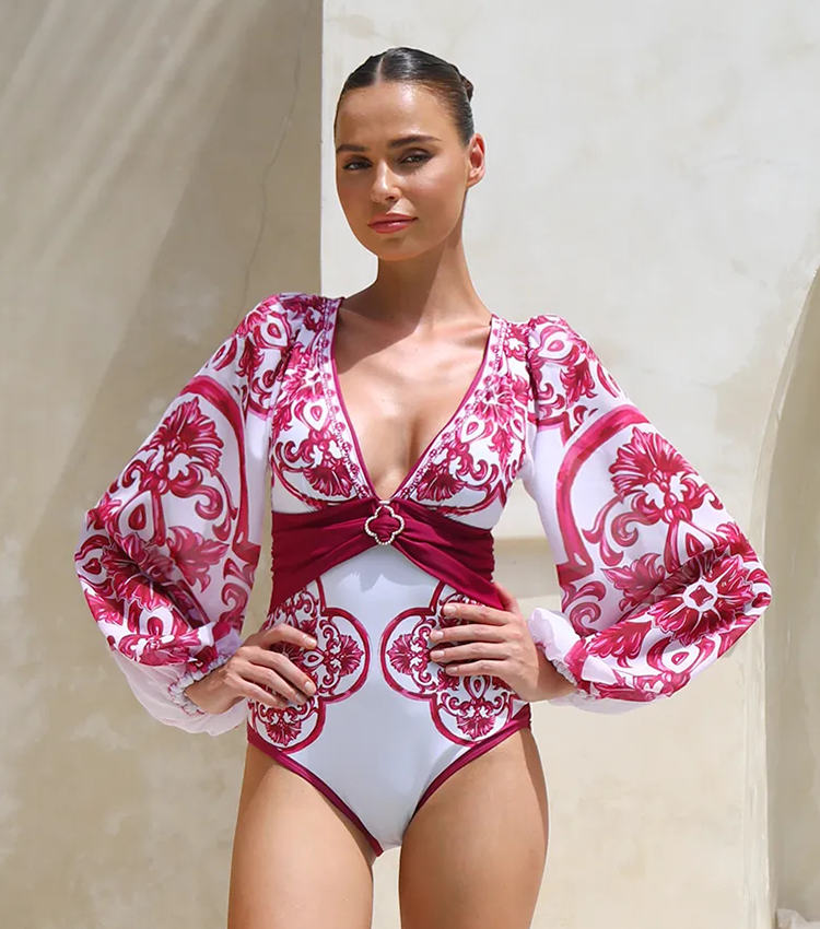 Long Sleeves Classic Majolica Series Pattern Print One Piece Swimsuit and Skirt or Shorts