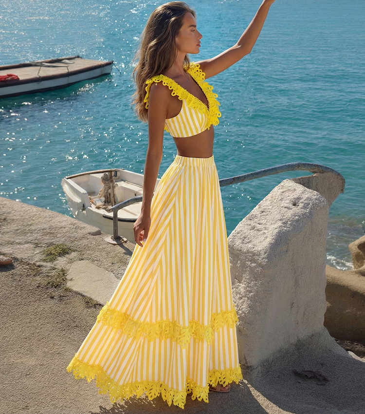 V-neck Yellow Stripes Swimsuit Set(s)