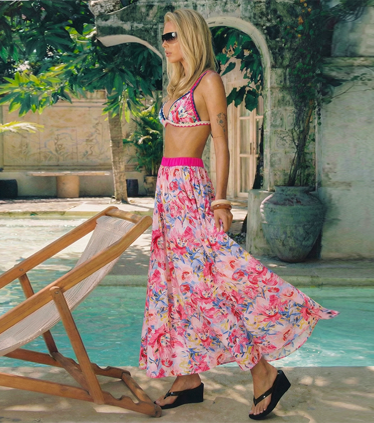 V-neck Pink Iris Print Swimsuit Set(s)