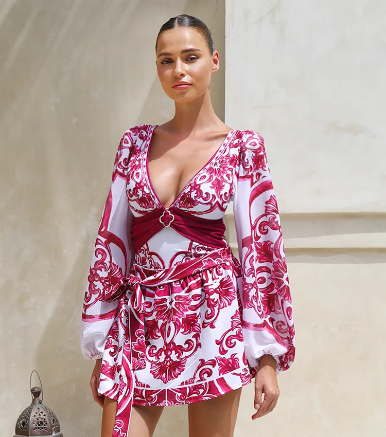 Long Sleeves Classic Majolica Series Pattern Print One Piece Swimsuit and Skirt or Shorts