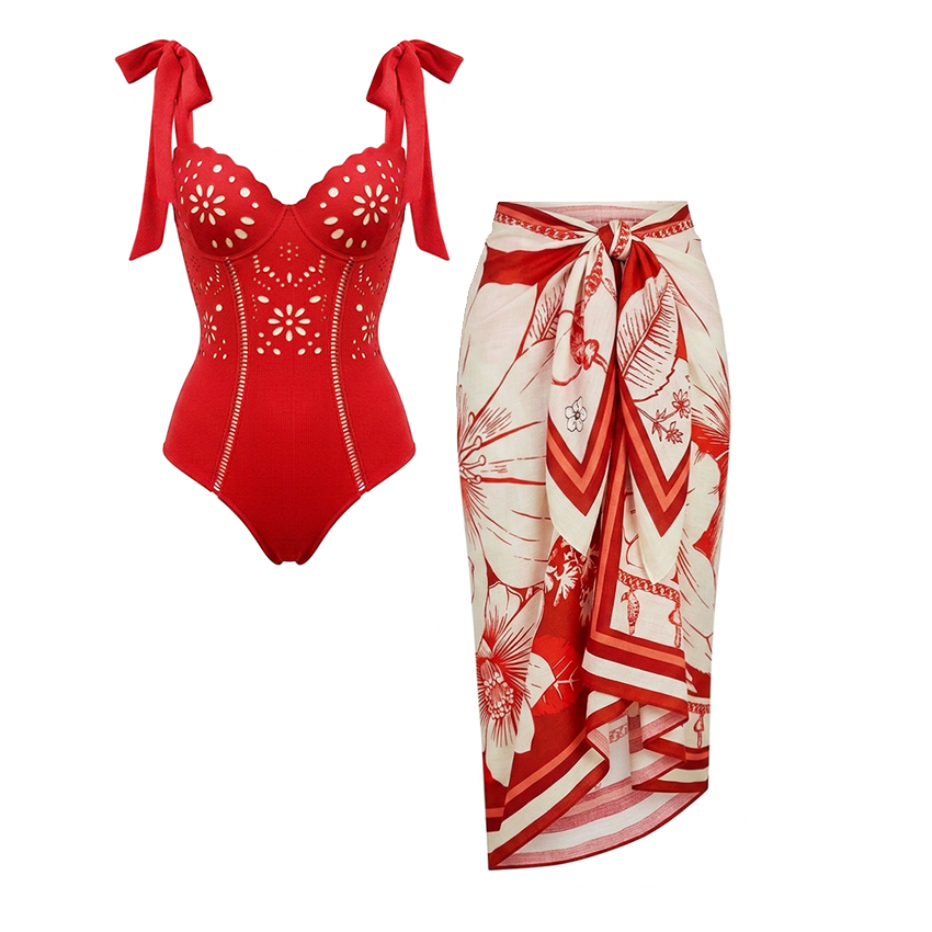 Red Color Laser Cutting Swimsuit Set(s)