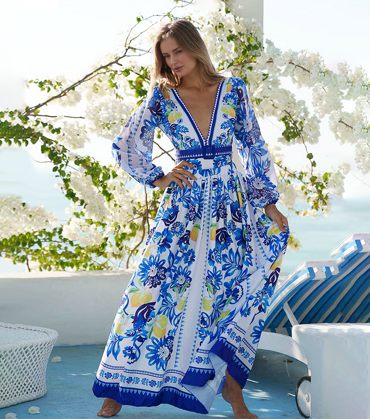 Long-sleeves Lemon and Creative Pattern Print One Piece Swimsuit and Skirt