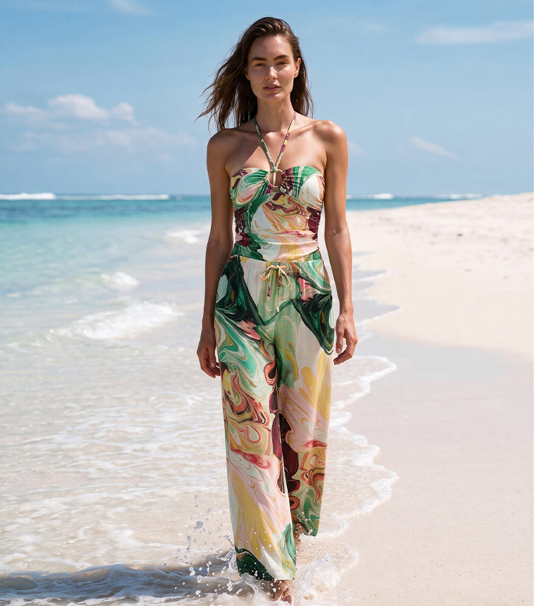 Halter-neck Red and Green Gradient Print Swimsuit set(s)