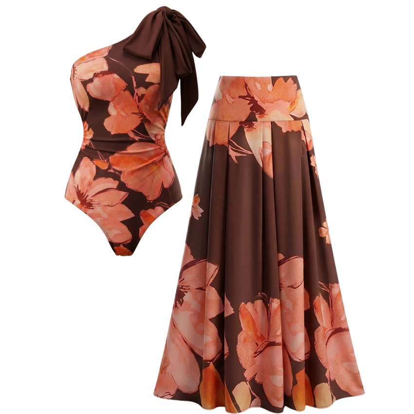 One Shoulder Floral Printed Swimsuit Set(s)