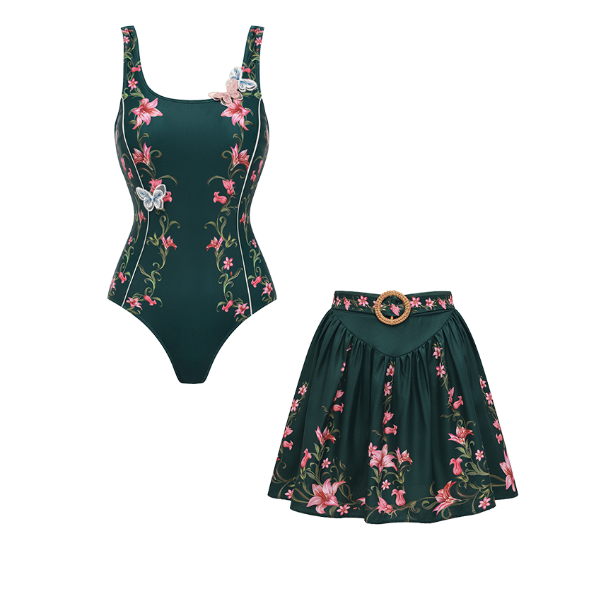[Copy]Sling Classic Majolica Series Pattern Print One Piece Swimsuit and Skirt or Shorts