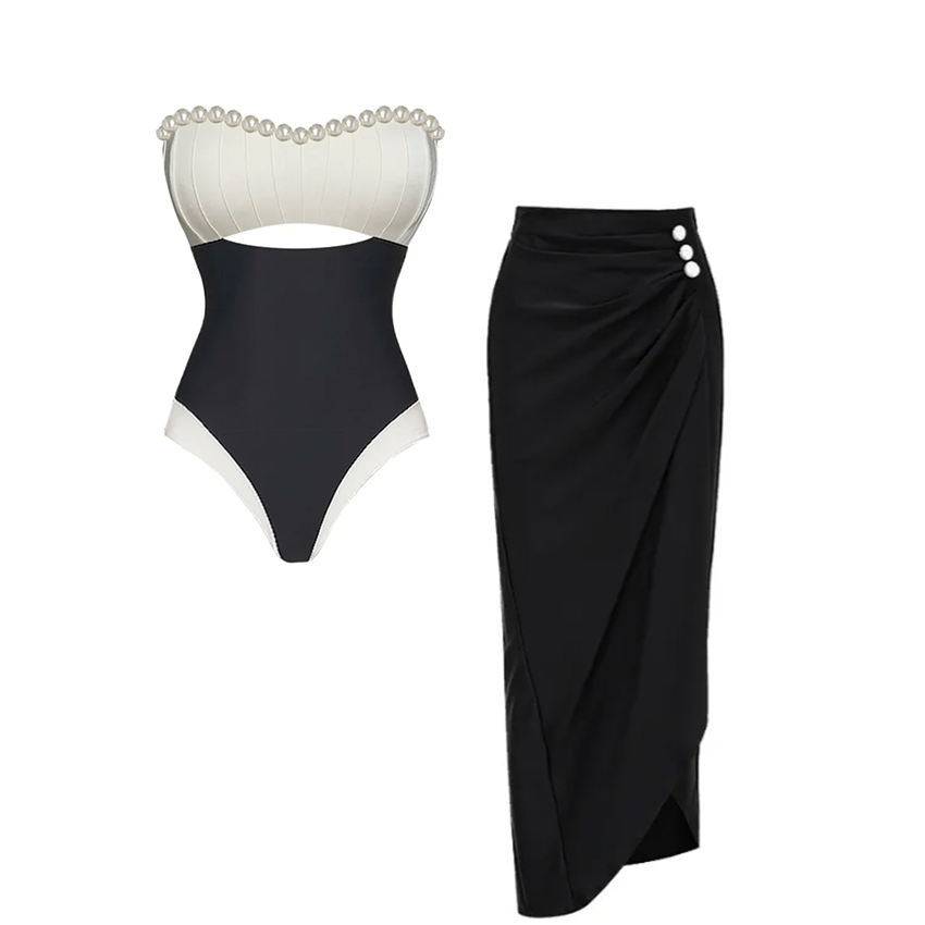 Off Shoulder Artificial Pearl Decor White One Piece Swimsuit and Skirt