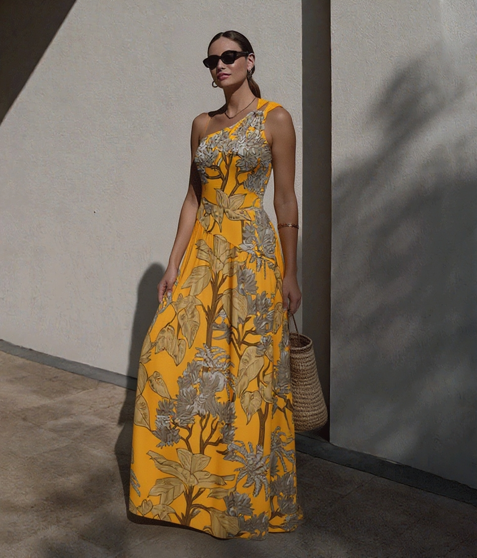 One Shoulder Yellow Printed Swimsuit Set(s)