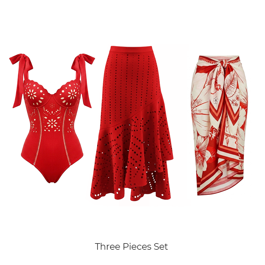 Red Color Laser Cutting Swimsuit Set(s)
