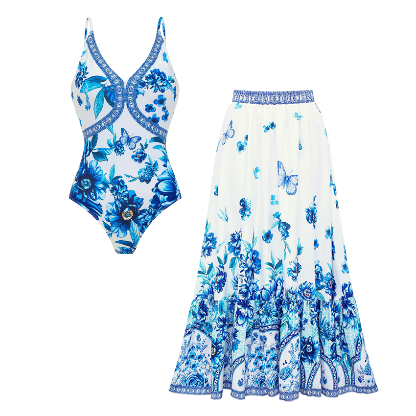 V-neck Peony Print Swimsuit Set(s)