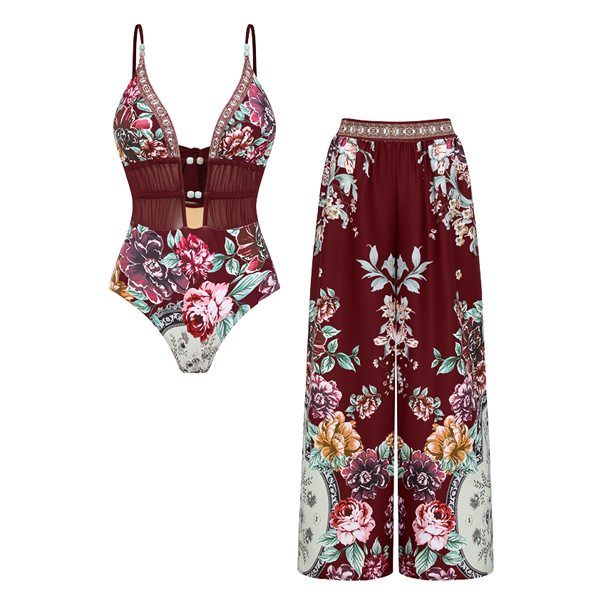 Hollow out Peony Print Swimsuit Set(s)