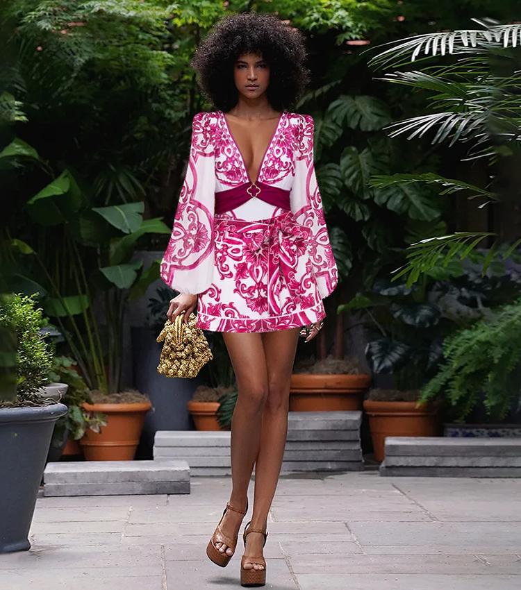 Long Sleeves Classic Majolica Series Pattern Print One Piece Swimsuit and Skirt or Shorts