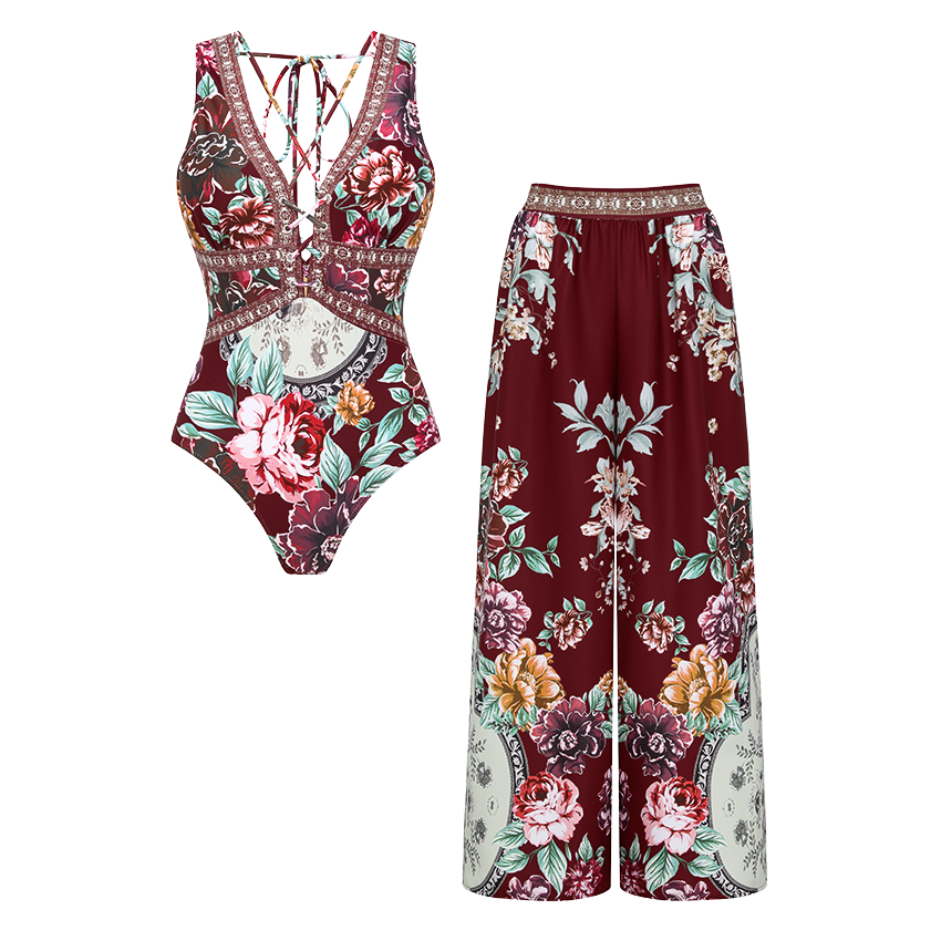 Strap Decoration Peony Print Swimsuit Set(s)