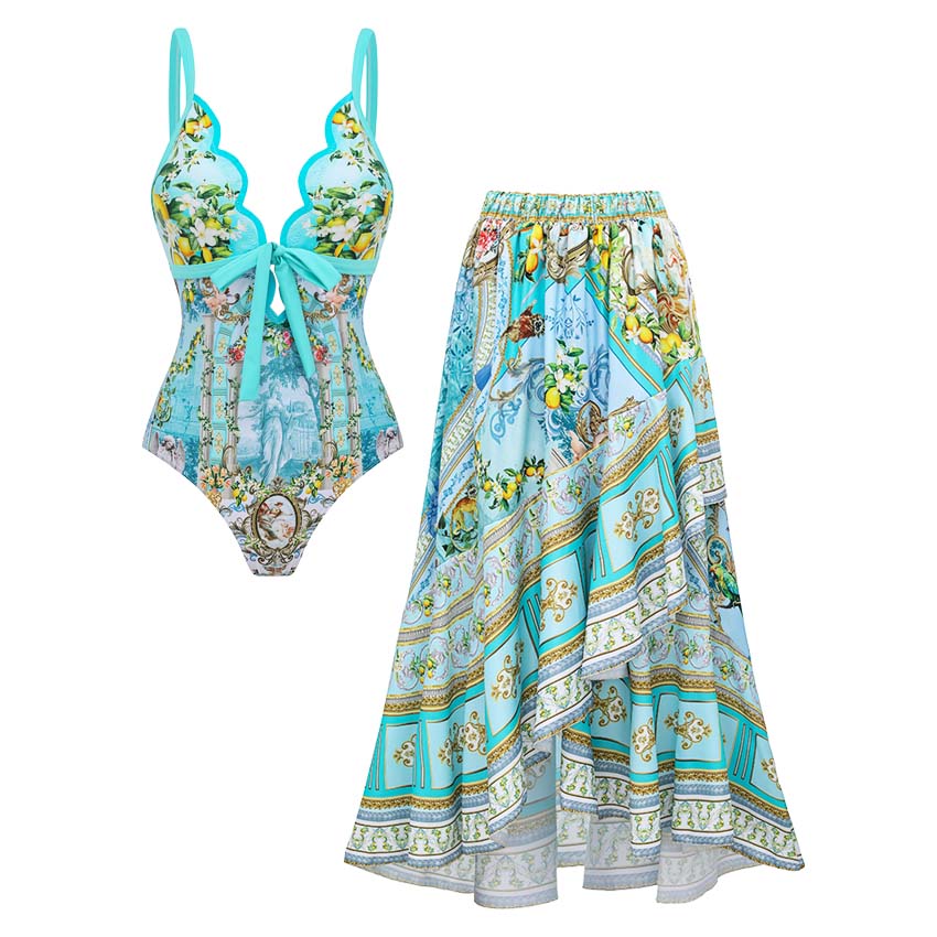 Laser Cutout Lemon & Rococo Print Swimsuit Set(s)