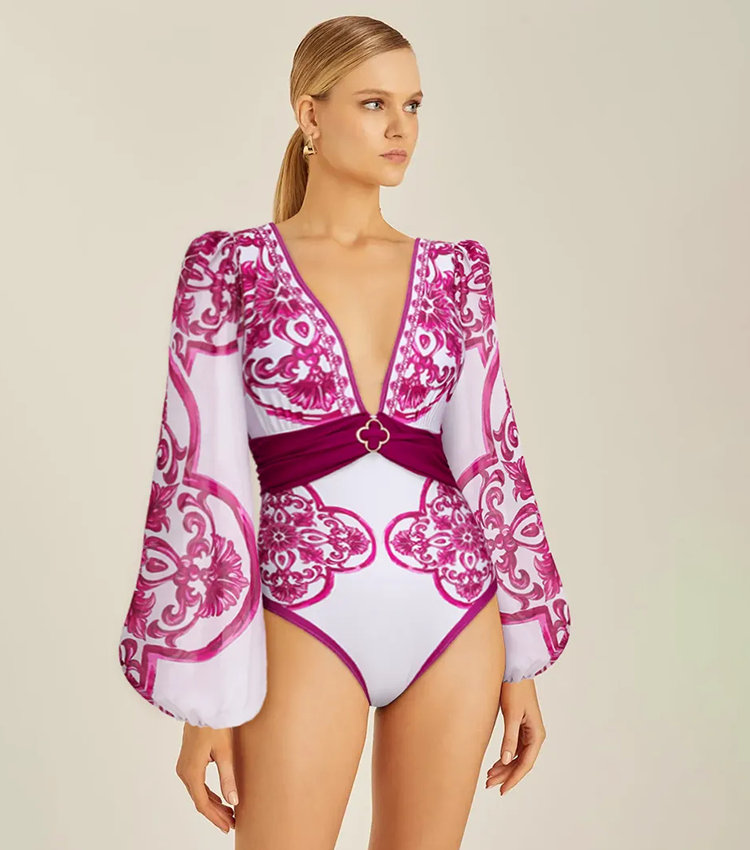 Long Sleeves Classic Majolica Series Pattern Print One Piece Swimsuit and Skirt or Shorts