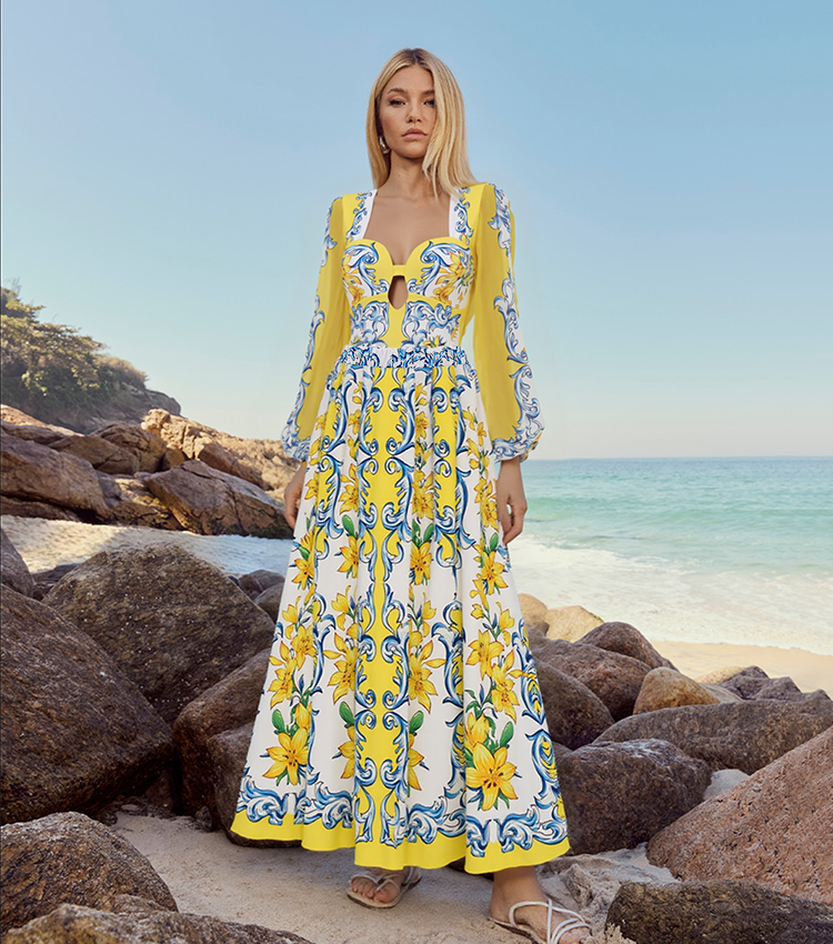 Printed Sicily Long Sleeved One Piece Swimsuit and Skirt