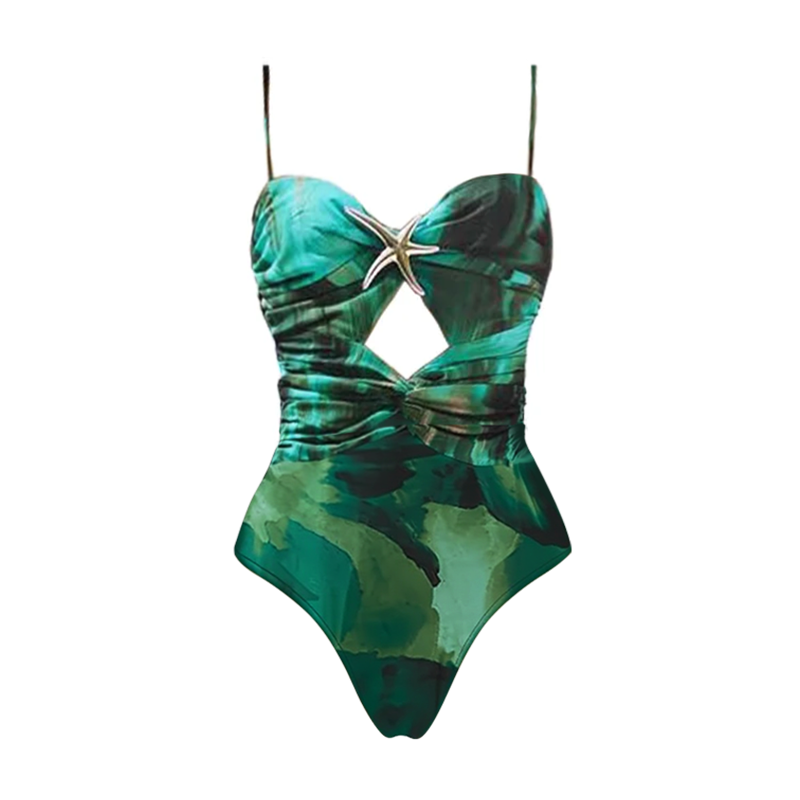 Green Printed Folds One Piece Swimsuit and Skirt