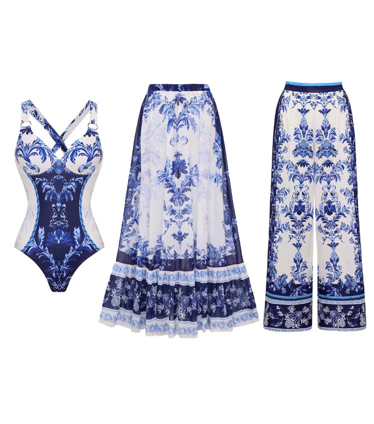 Adjustable Sling Lace Up Flower Print One Piece Swimsuit and Skirt/Pants