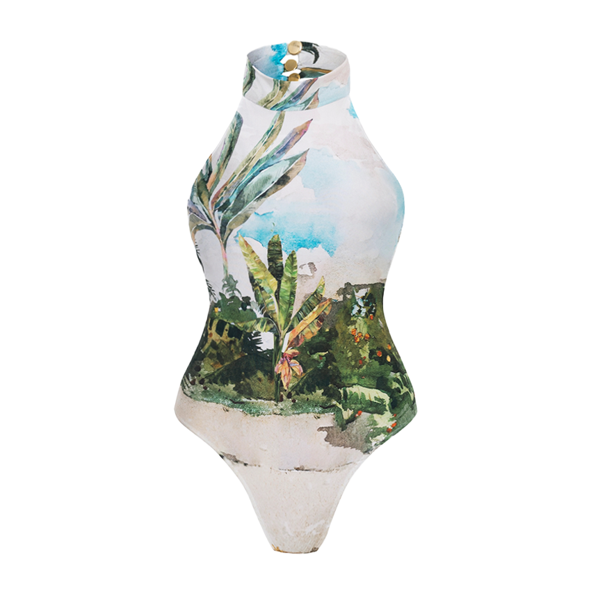 Halter-neck Beach Scenery Print Swimsuit set(s)