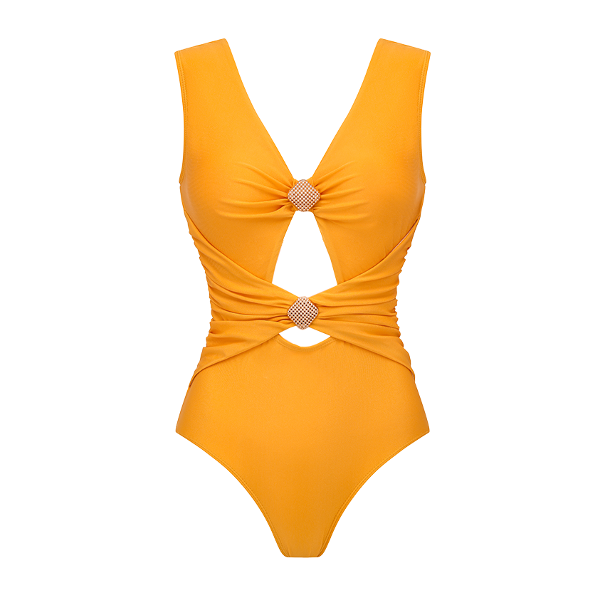 Gold V-Neck Cutout Swimsuit Set