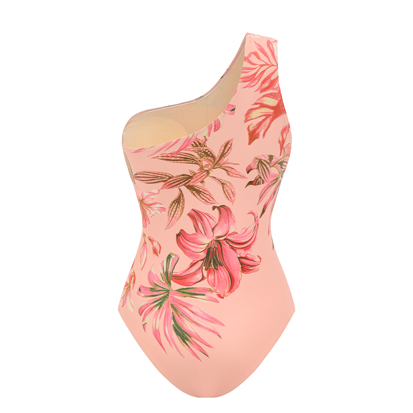 One Shoulder Pink Lily Print Swimsuit Set(s)