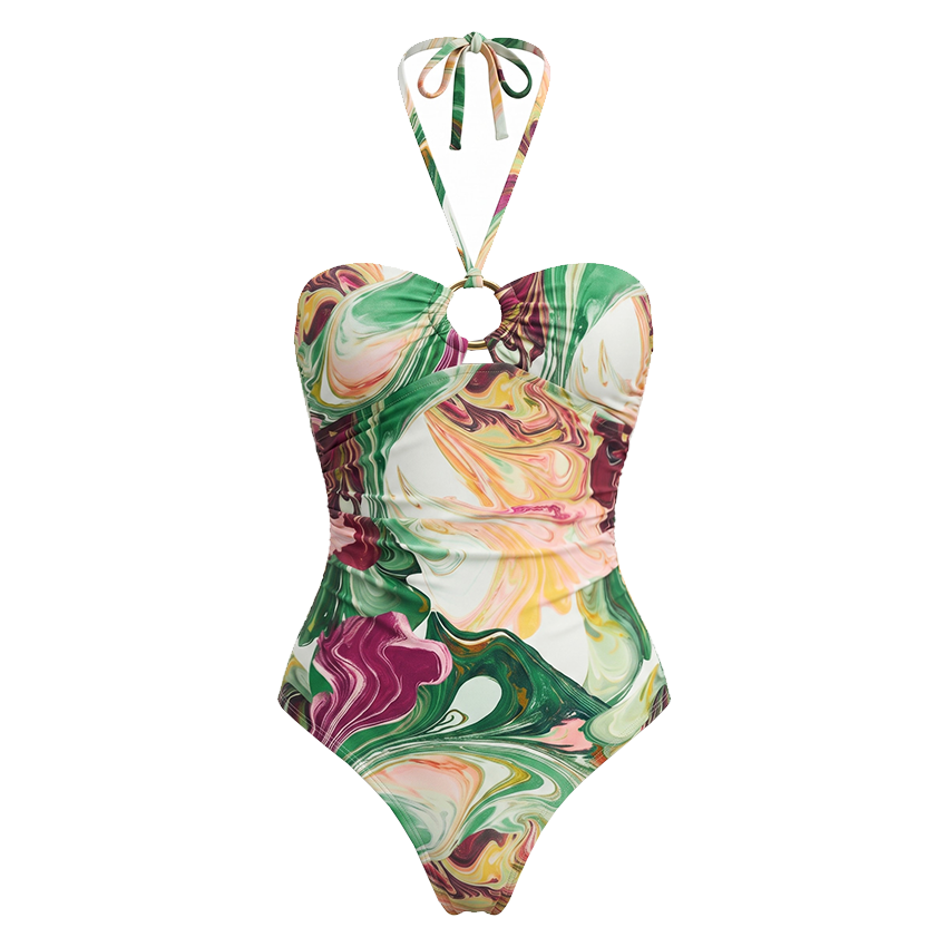 Halter-neck Red and Green Gradient Print Swimsuit set(s)