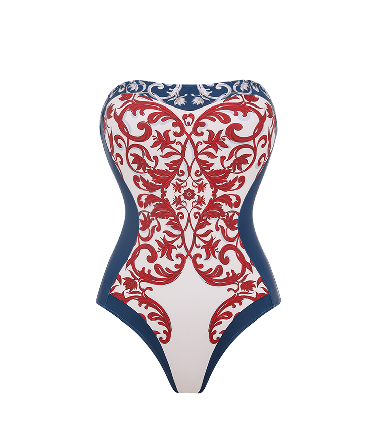 Red & Blue Seville Tiles Print Strapless Swimsuit Set(s)