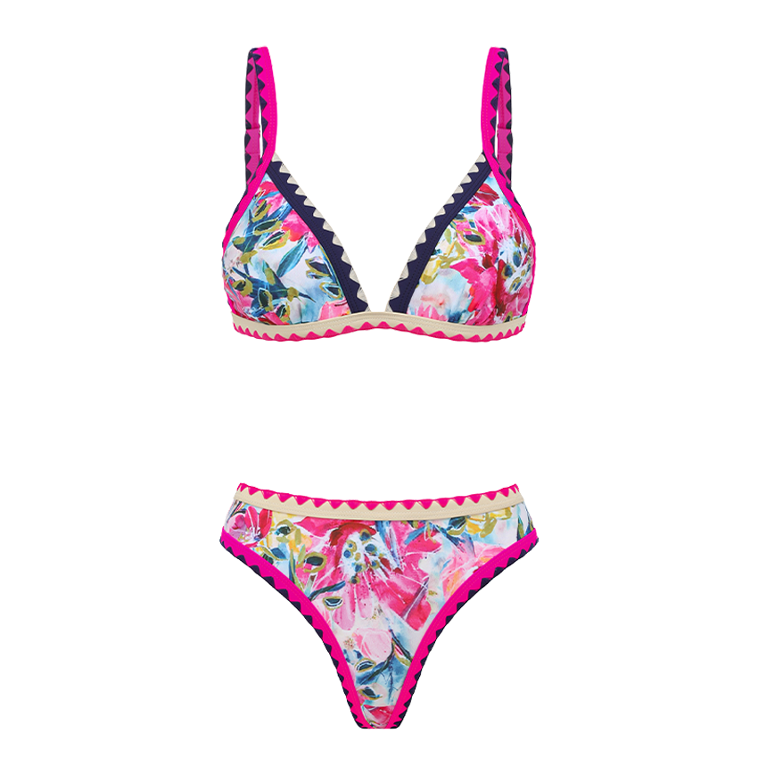 V-neck Pink Iris Print Swimsuit Set(s)