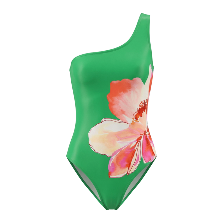 One Shoulder Green & Red Color Blocking Swimsuit Set(s)