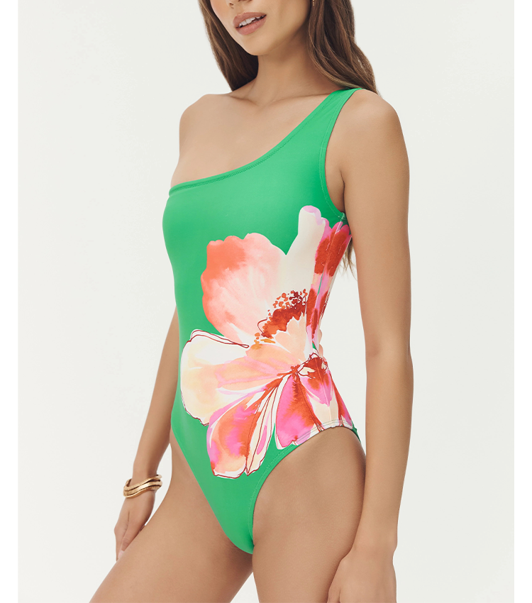 One Shoulder Green & Red Color Blocking Swimsuit Set(s)