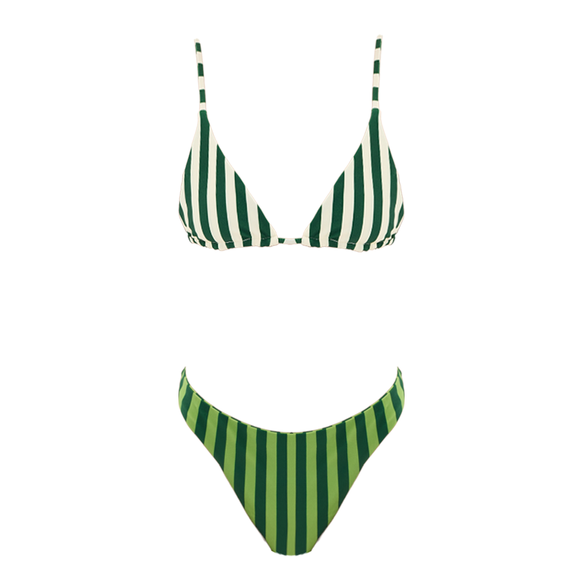 Drawstring Green and White Striped Print Swimsuit Set(s)