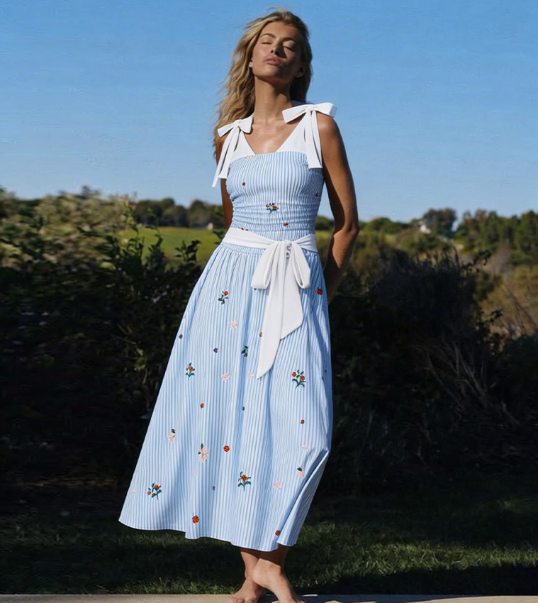 Tie-shoulder Blue Stripes Swimsuit Set(s)