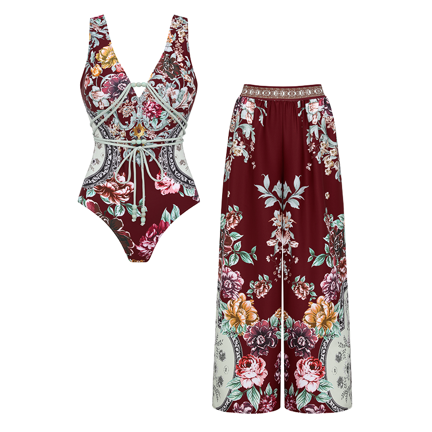 Rope Decoration Peony Print Swimsuit Set(s)