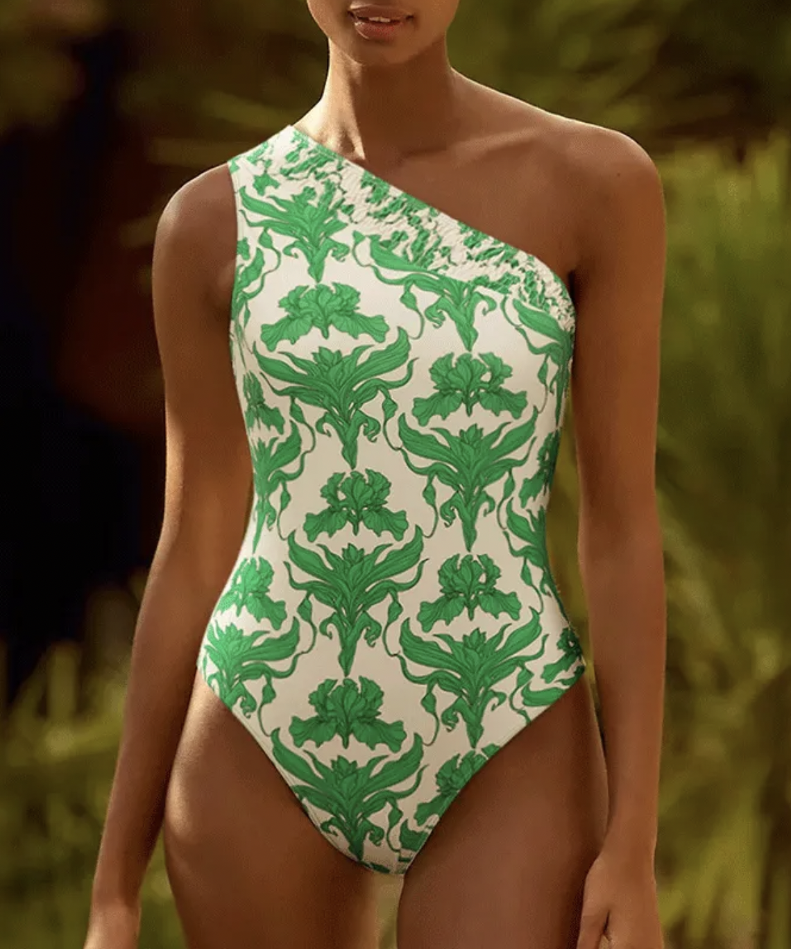 One Shoulder Shirring Iris Print One Piece Swimsuit and Skirt