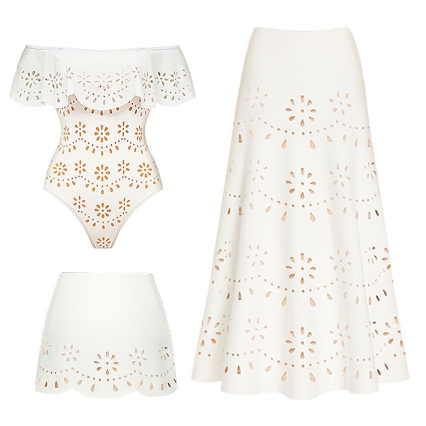 Three Pieces Set Hollow Out One Piece Swimsuit and Skirt
