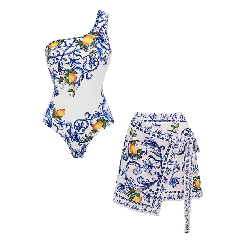 One Shoulder Lemon Printed Swimsuit Set(s)