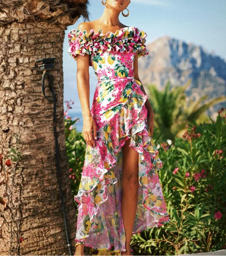 Bandeau Ruffled Lemon Floral Print One Piece Swimsuit and Mesh Splicing Sarong