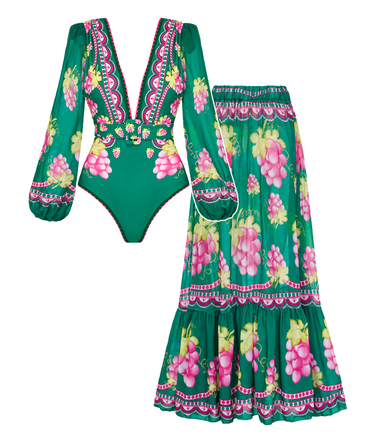 Long-sleeved Retro Green Grapes Print One Piece Swimsuit and Skirt