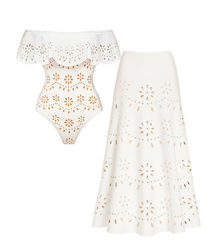 Three Pieces Set Hollow Out One Piece Swimsuit and Skirt