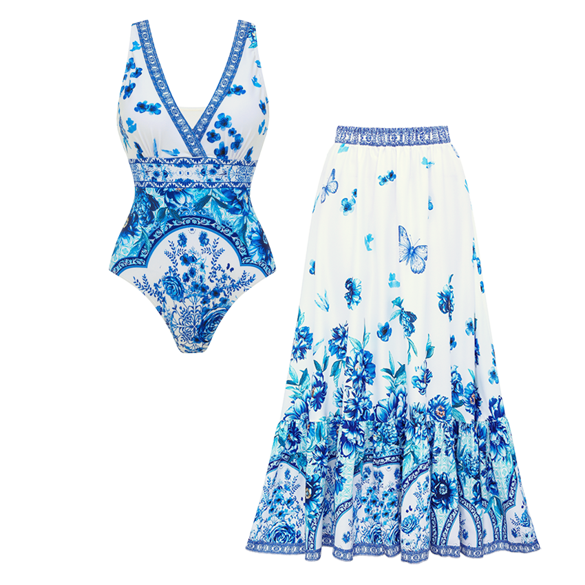 V-neck Peony Print Swimsuit Set(s)