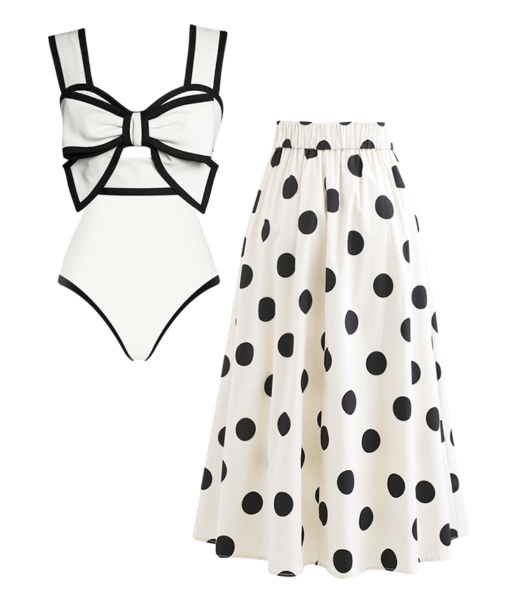 Bow Front Cutout Black and White One Piece Swimsuit and Skirt Flaxmaker