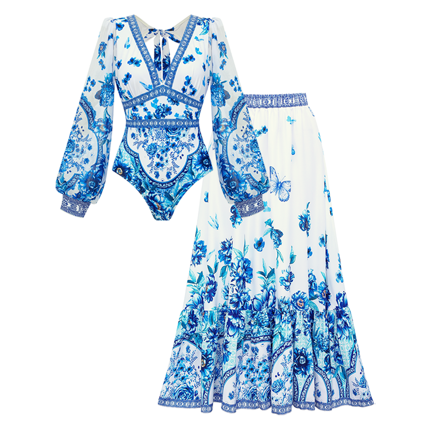 Long-sleeve Peony Print Swimsuit Set(s)