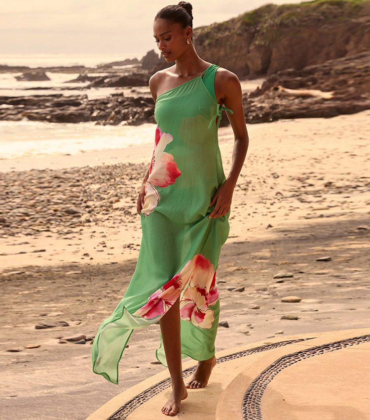 One Shoulder Green & Red Color Blocking Swimsuit Set(s)