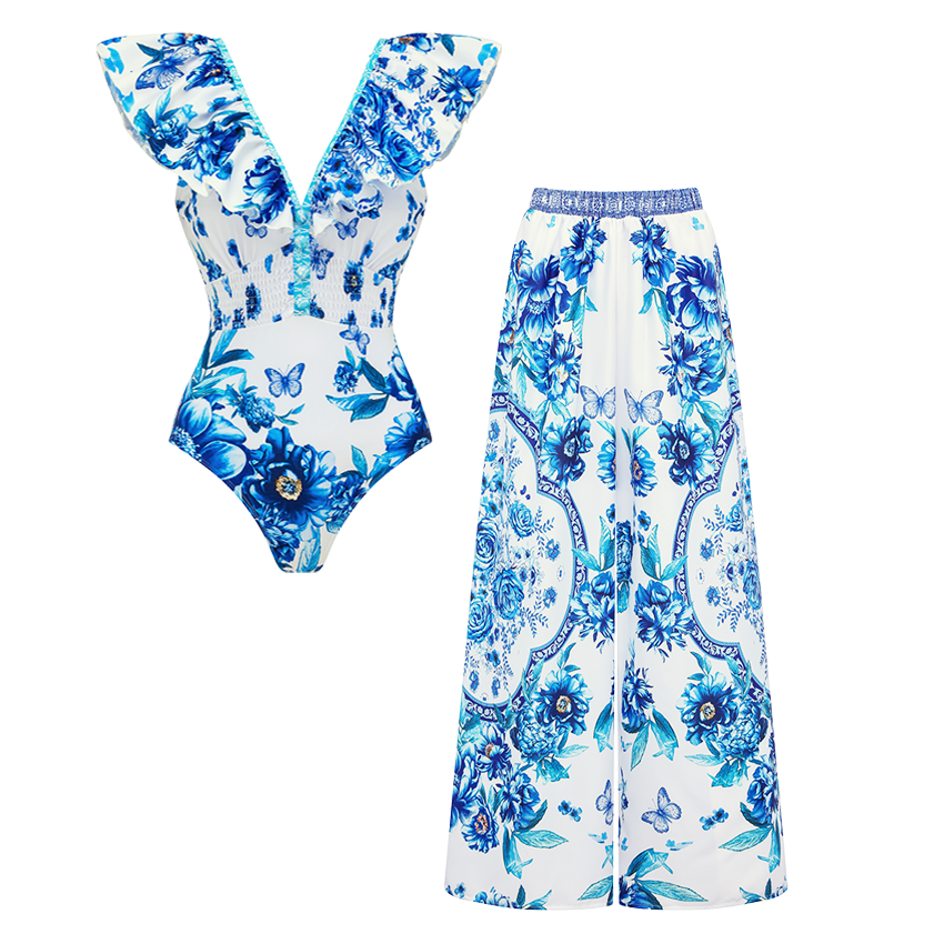 [Copy]V-neck Brown stripes Print Swimsuit Set(s)