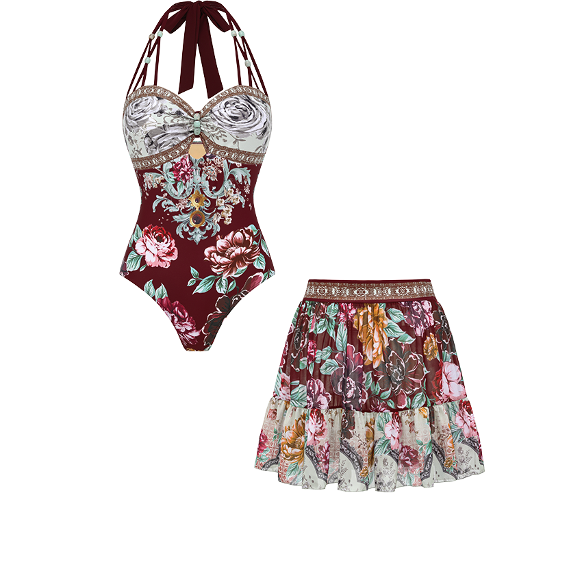 Neckband Peony Print Swimsuit Set(s)